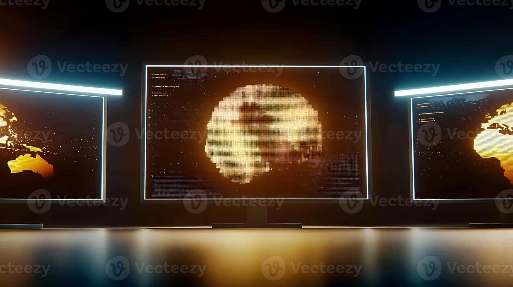 Futuristic control room displaying global data analysis with illuminated screens and maps photo