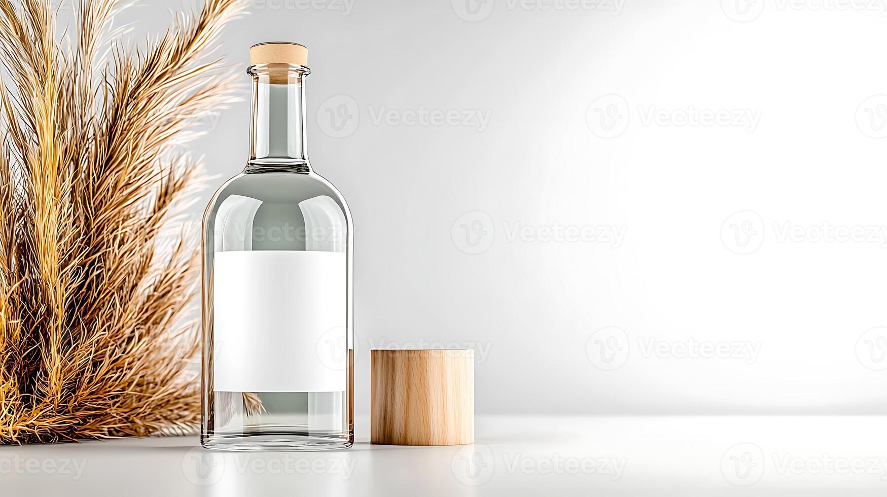Clear glass bottle with blank label beside wooden lid and dried grass on minimalist background photo