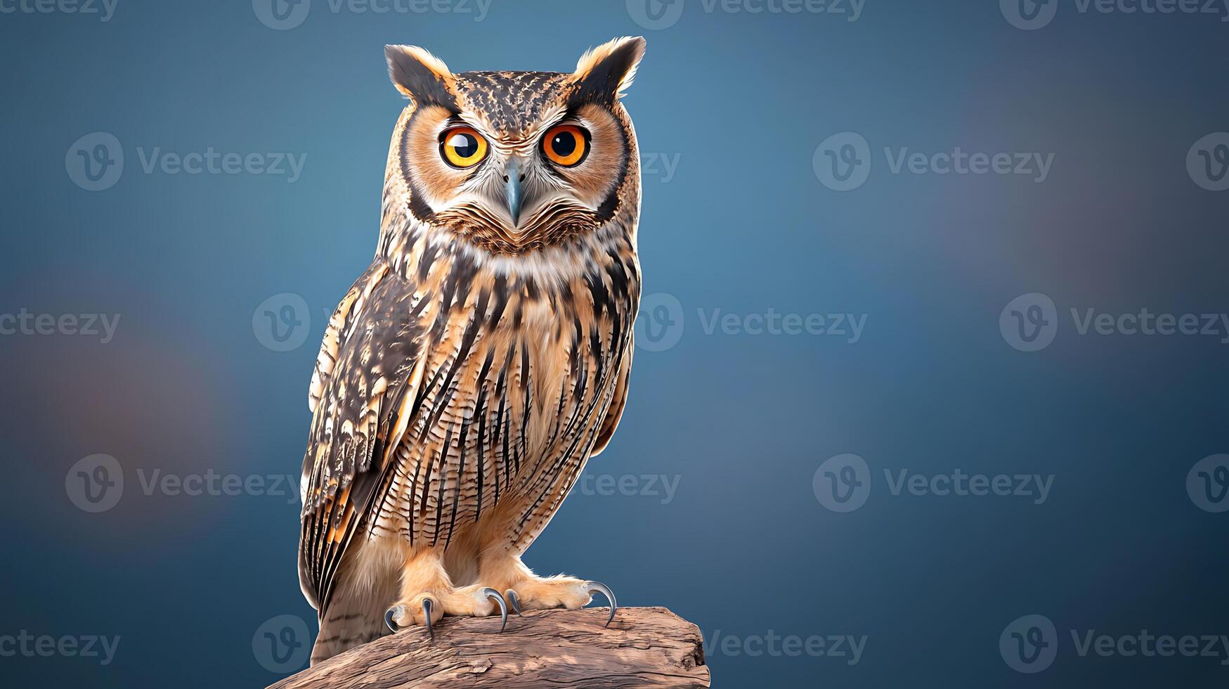 Majestic owl perched on a rock, surrounded by a serene blurred background at dusk photo