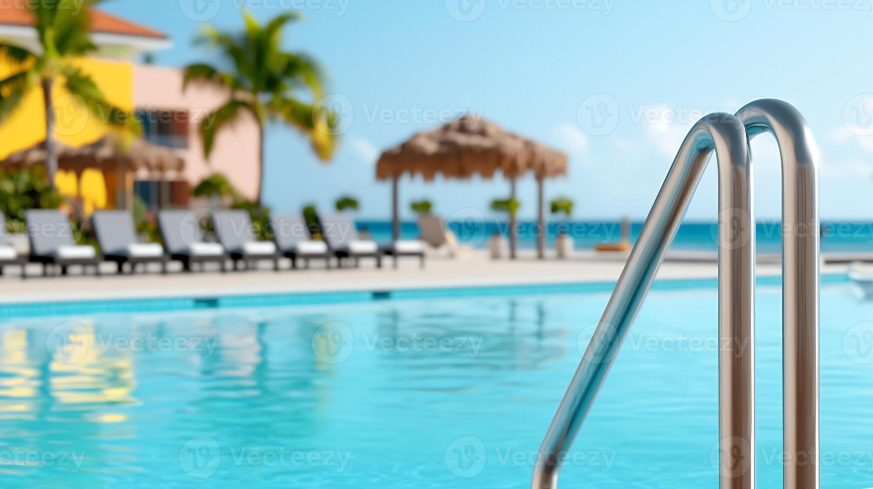 Relaxing poolside scene with clear water, lounge chairs, and palm trees under a bright sky photo