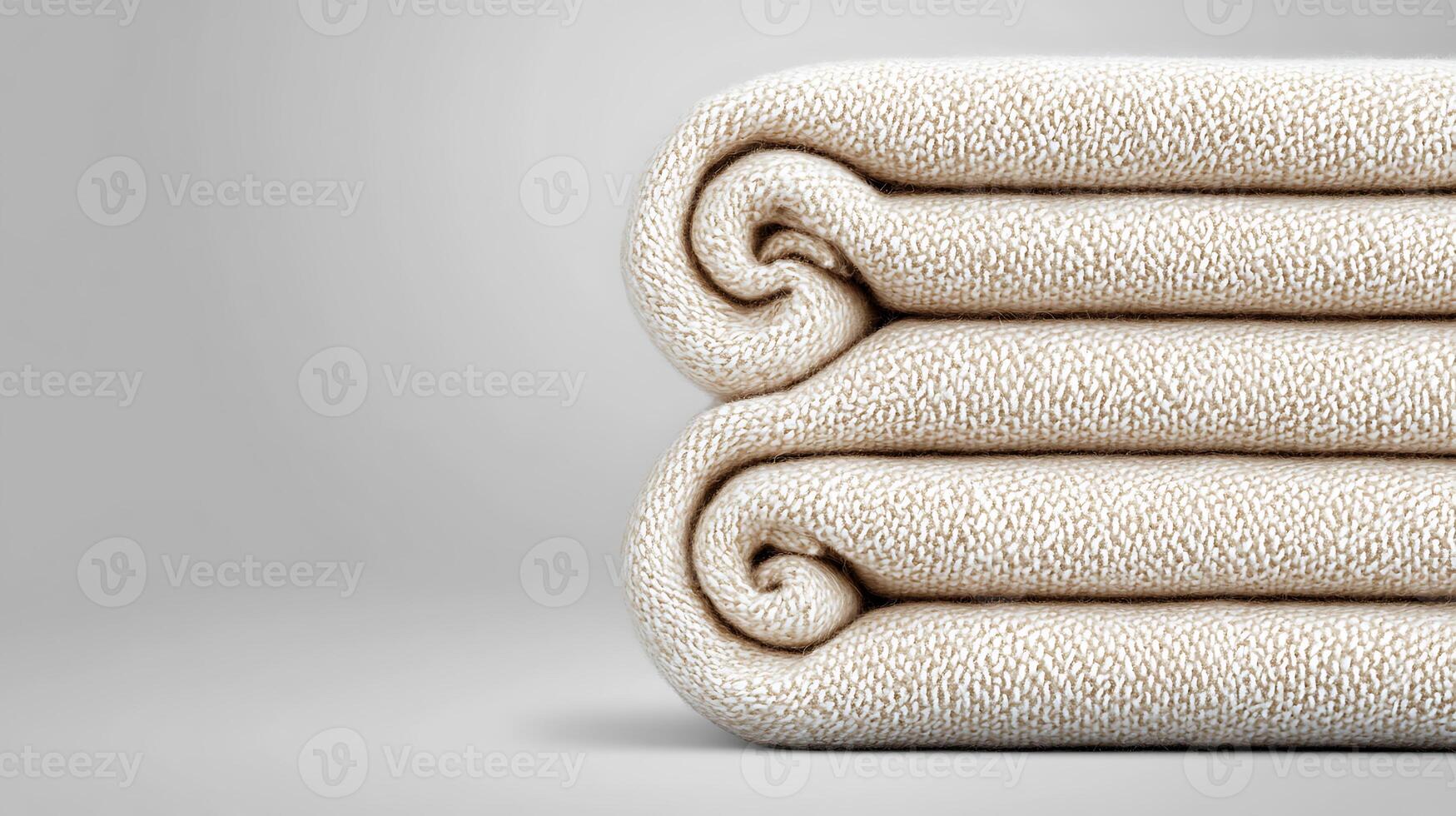 Soft, textured blankets neatly rolled on a smooth surface with subtle shadows and light photo
