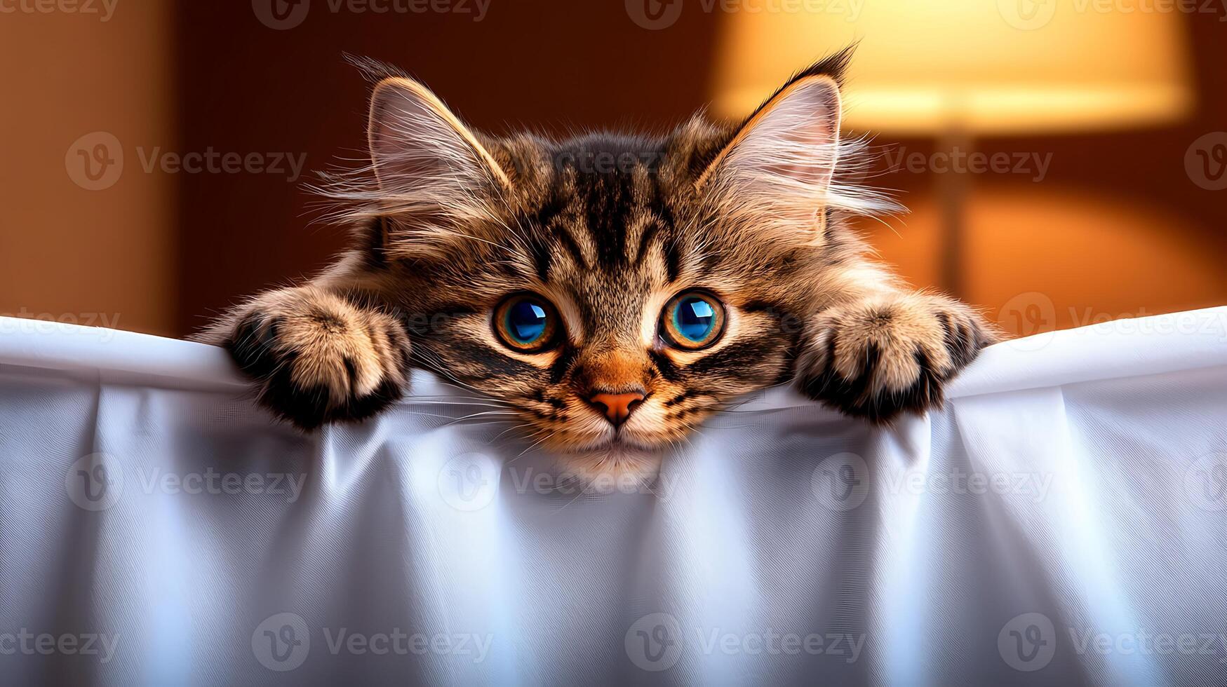 A curious cat peeking over a white curtain in a cozy room with warm lighting photo
