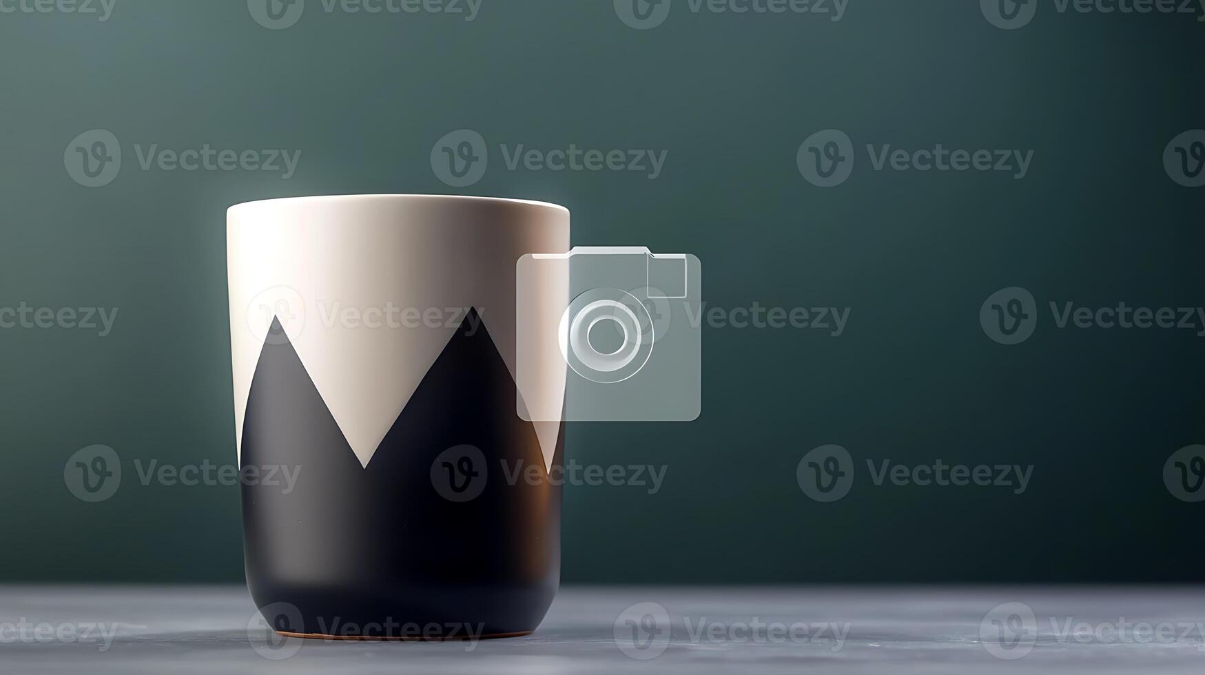 Stylish ceramic mug with geometric design on a marble surface against a blurred background photo