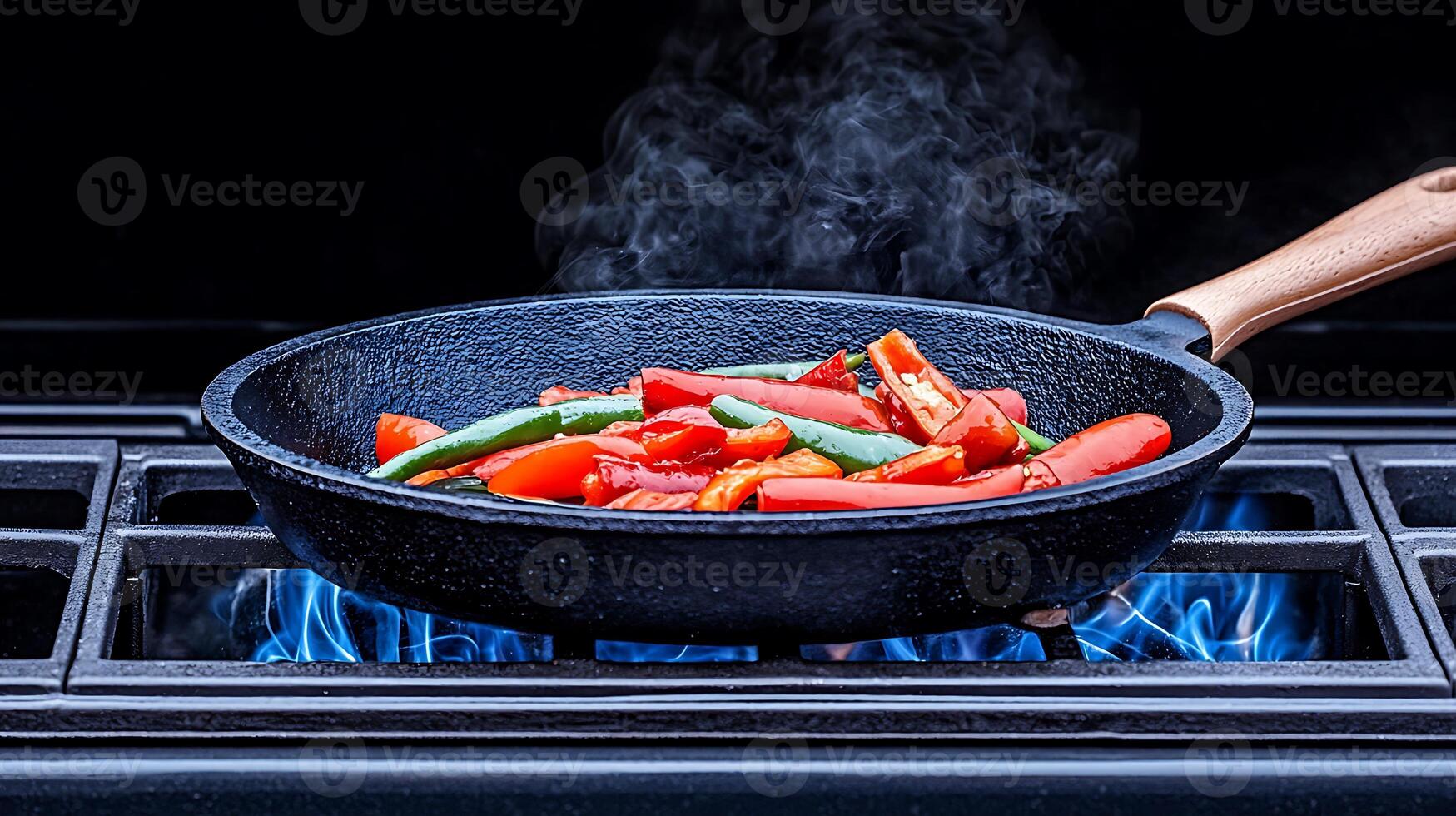 Vibrant vegetables sauting in a cast iron skillet over a blue flame on a modern stovetop photo