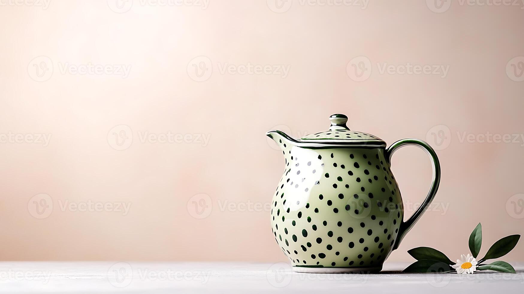 Charming green polka-dotted teapot on a minimalist background with subtle floral accents photo