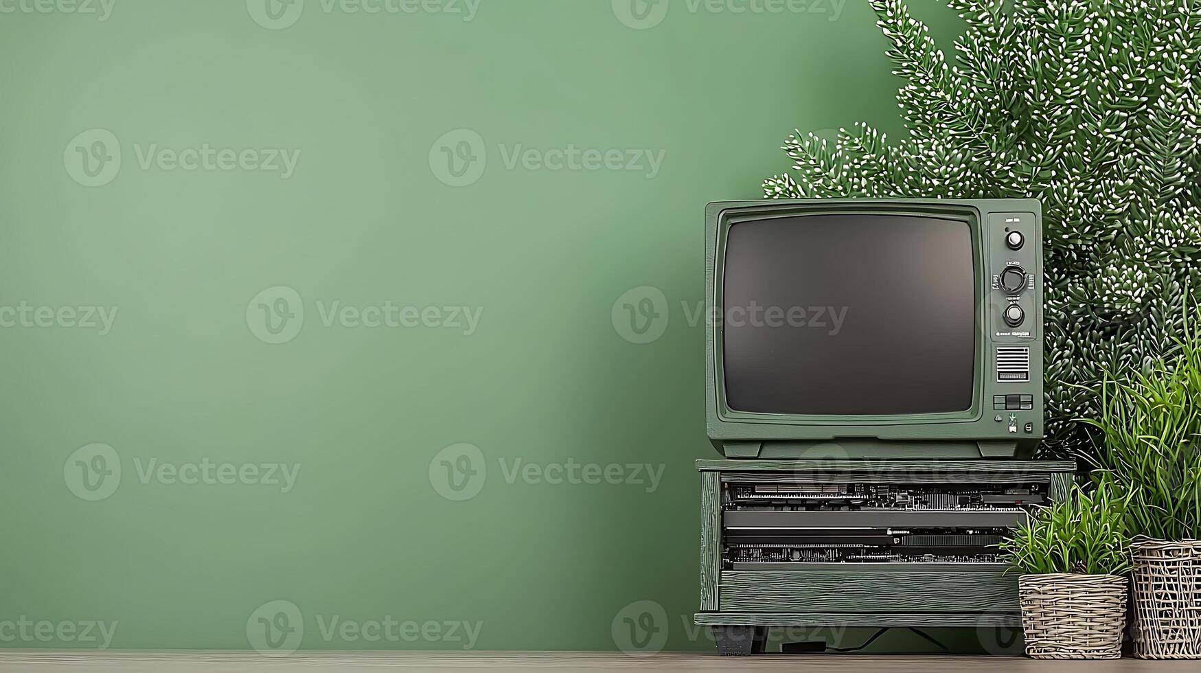 Vintage television set on a green wall with decorative plants in woven baskets nearby photo