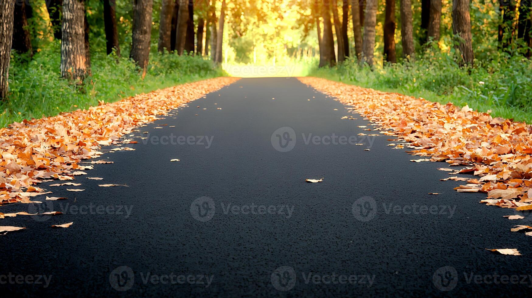 Serene autumn pathway lined with vibrant fallen leaves under a golden canopy of trees photo