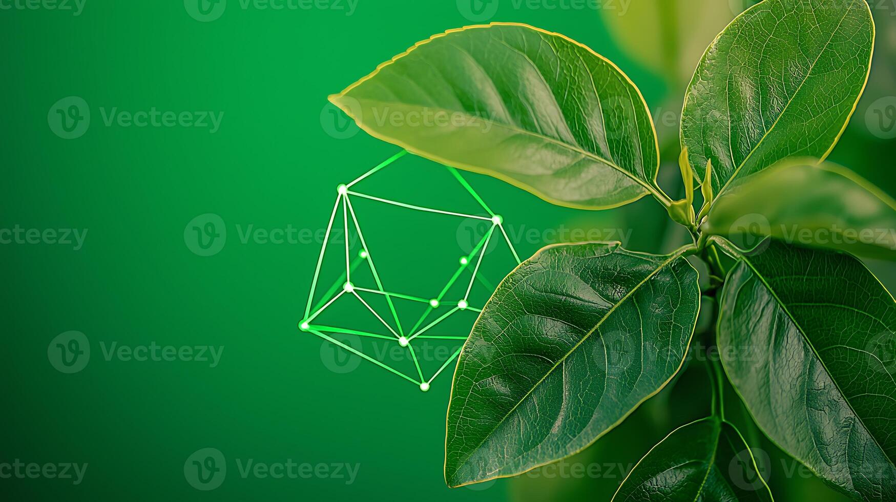 Green leaves with geometric overlay representing nature and technology in a serene environment photo