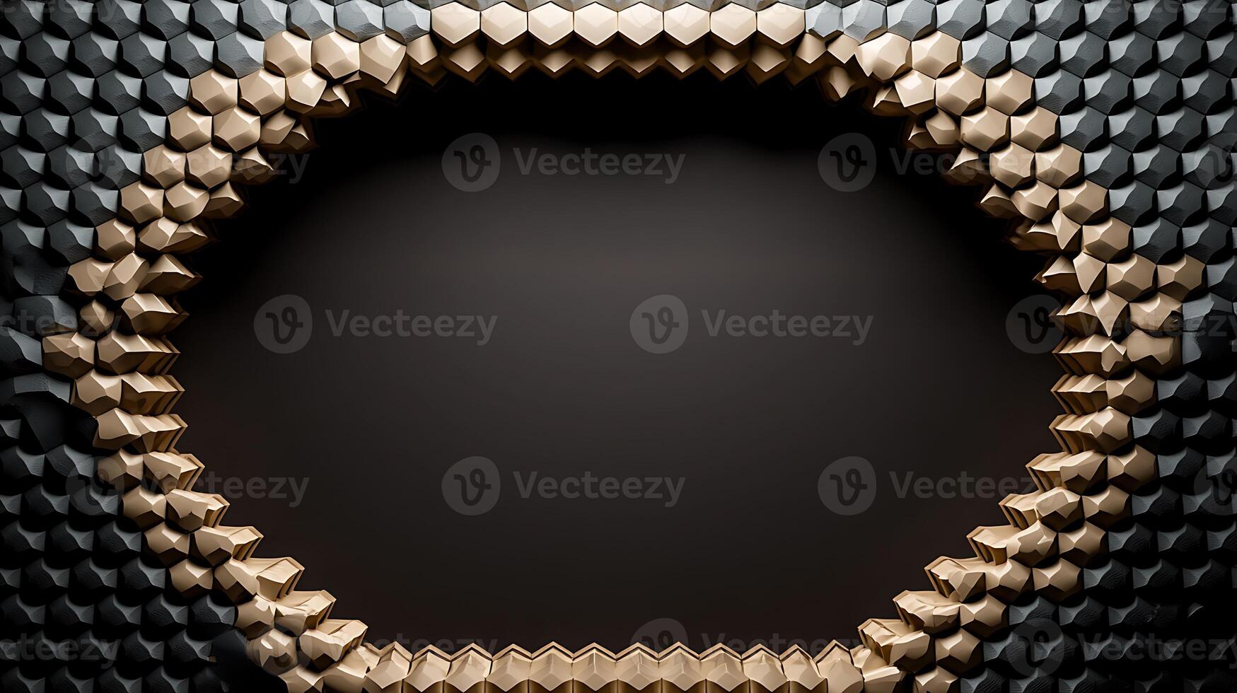 Abstract design featuring a hexagonal pattern in gold and black framing a central void photo