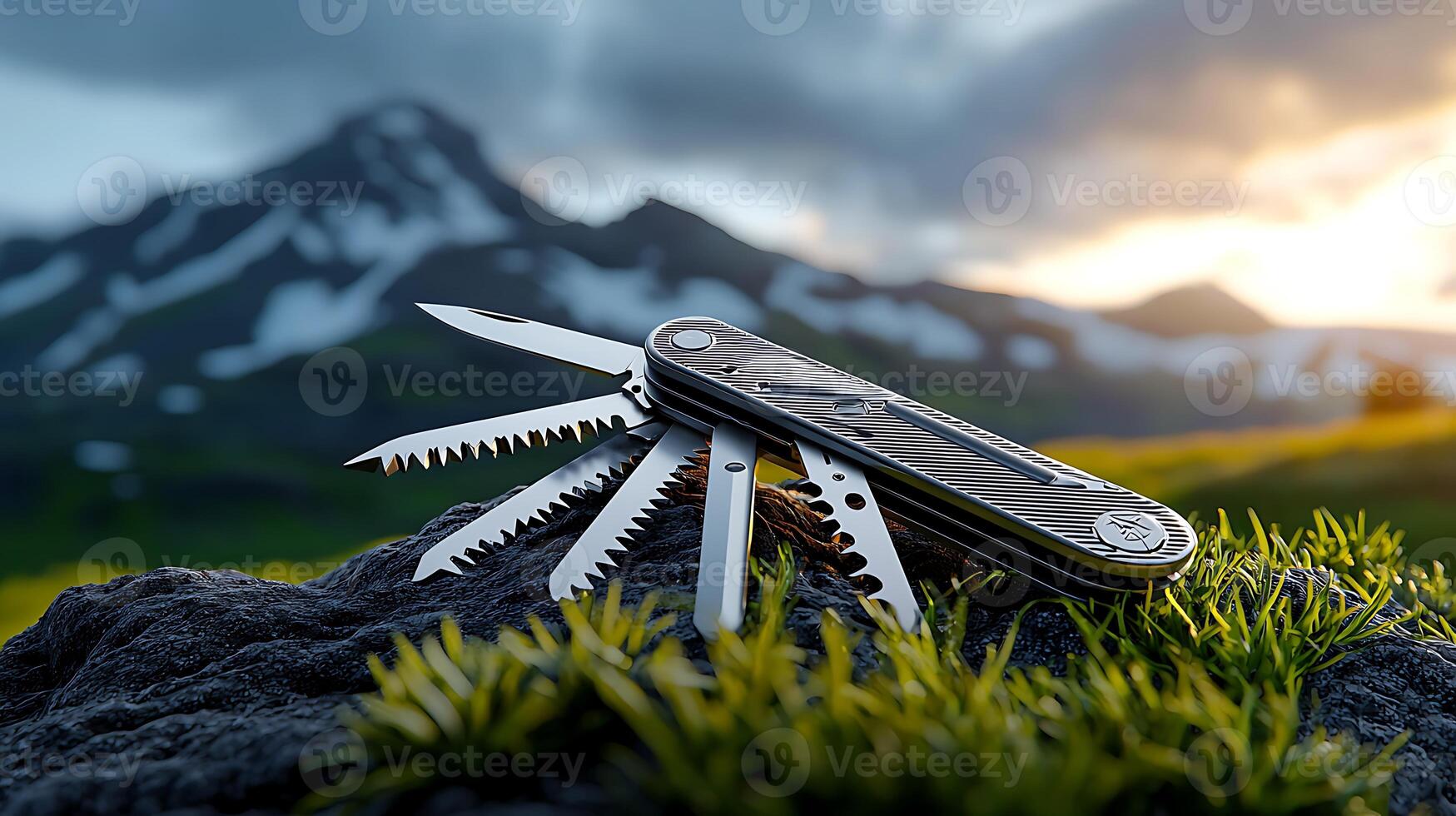 Multi-tool knife resting on a rock with mountains in the background during sunset photo