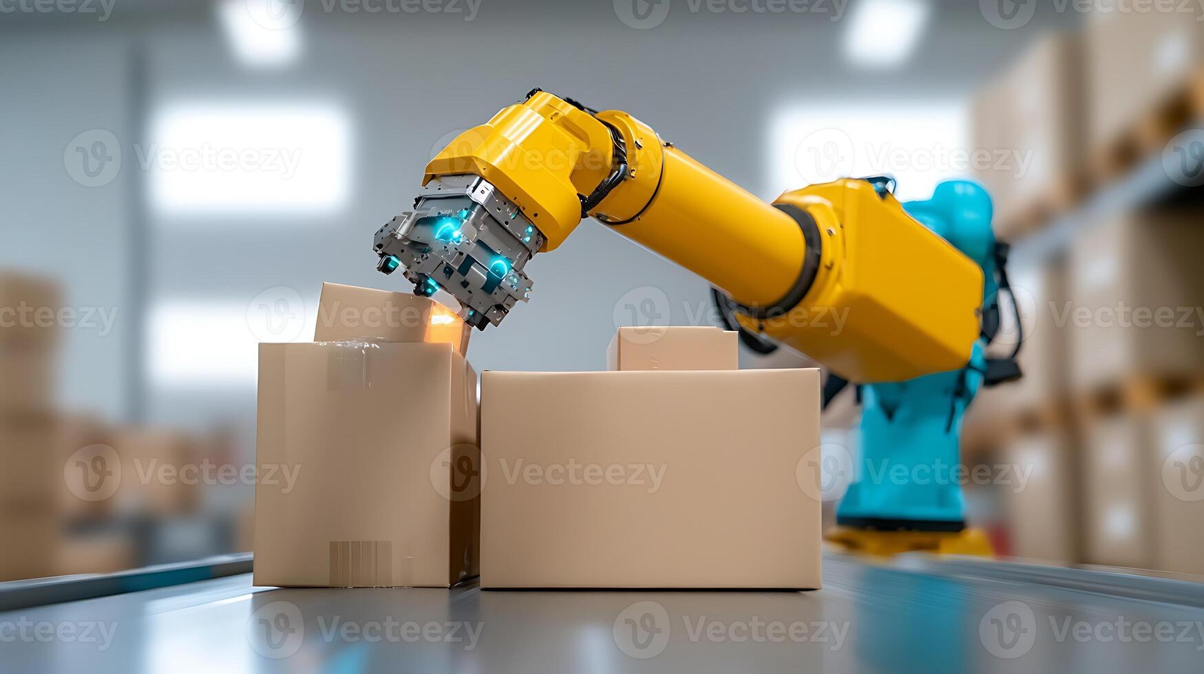 Industrial robotic arm efficiently sorting and stacking cardboard boxes in a warehouse environment photo
