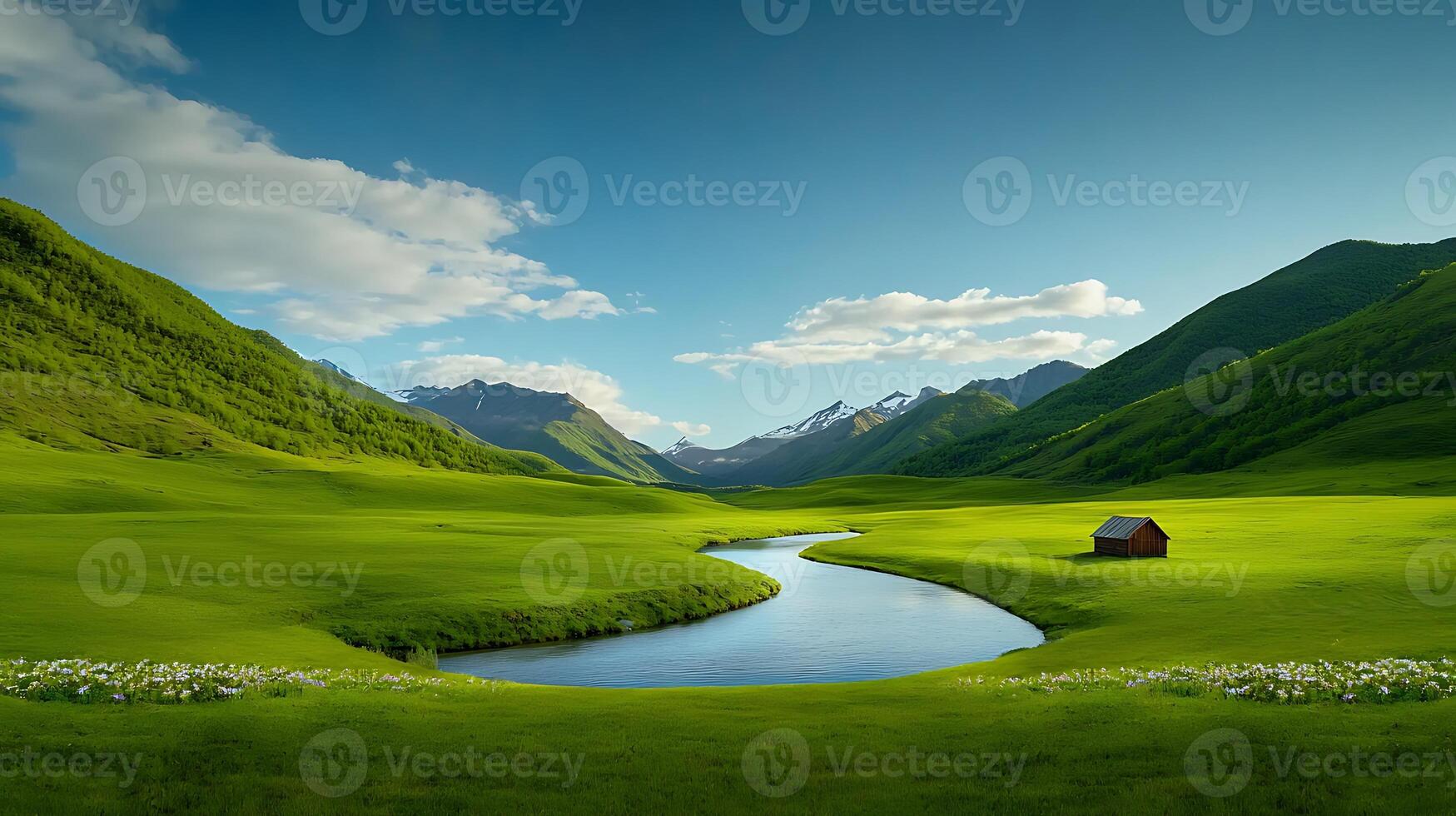 Serene landscape featuring a winding river and a solitary cabin amidst lush green hills and mountains photo