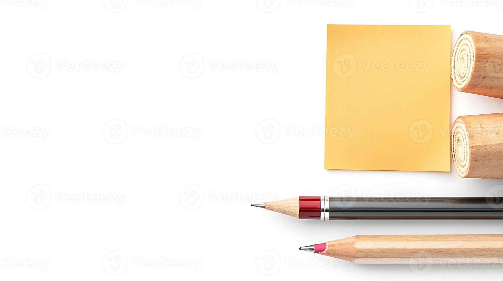 Stationery arrangement with pencils, sticky note, and rolls of paper on a clean white background photo