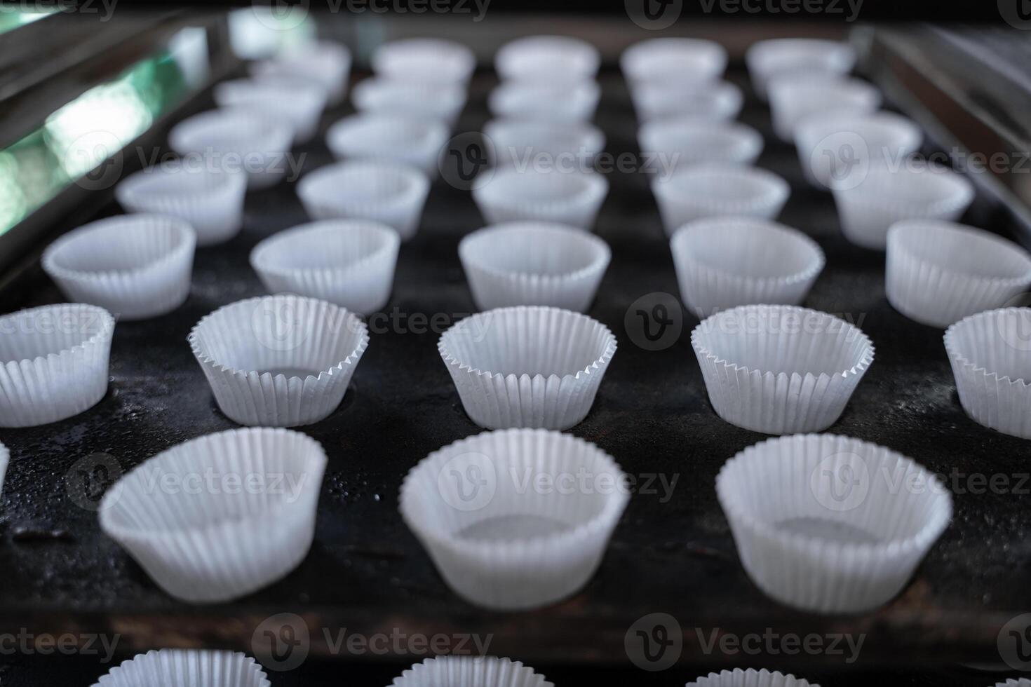 Empty cupcake mold ready to be filled on a baking tray photo