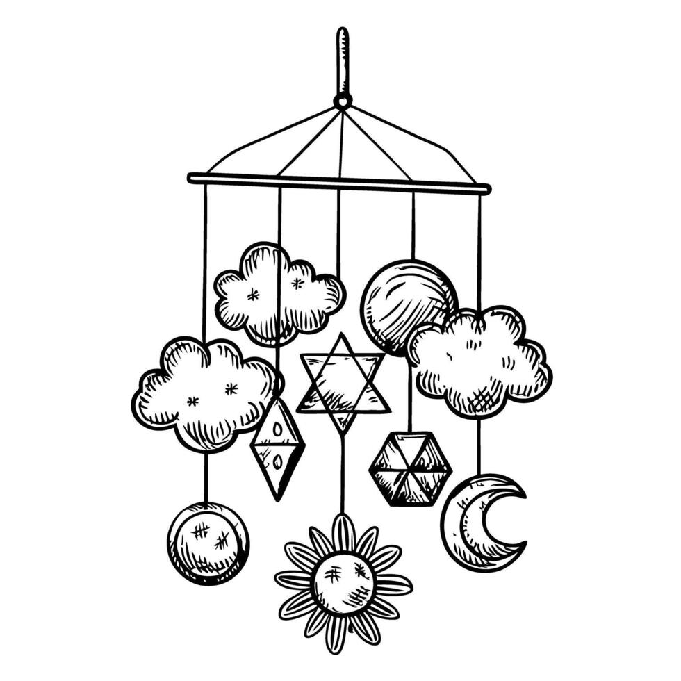 Nursery mobile with clouds, stars, and moon black and white whimsical baby room decor vector