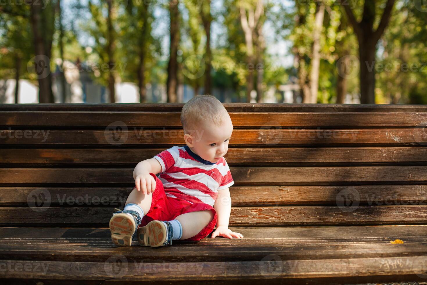 Baby boy in red shorts and striped shirt sitting on a wooden bench in summer warm park photo