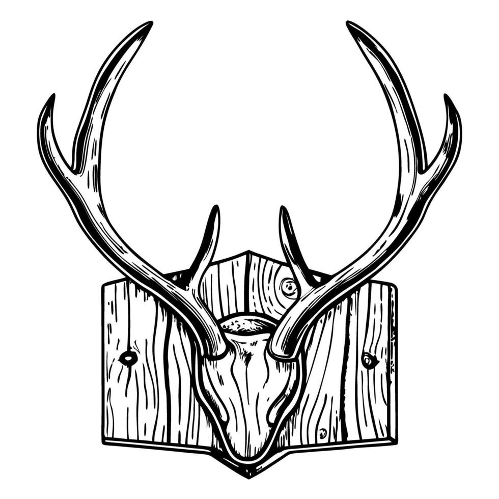 detailed deer antlers on wood plaque illustration, rustic hunting lodge decor vector