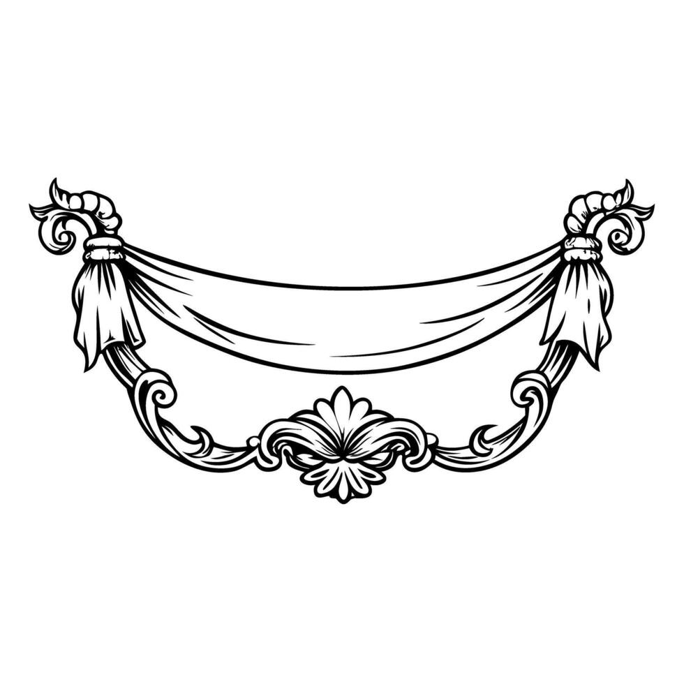 ornate decorative banner with floral elements, elegant vintage design motif in black and white vector