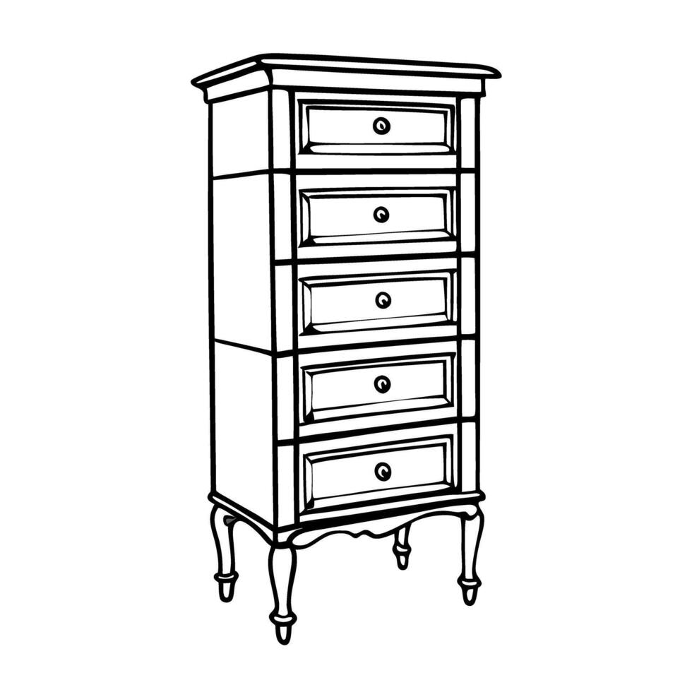 elegant vintage wood dresser with five drawers in line art antique furniture design illustration vector