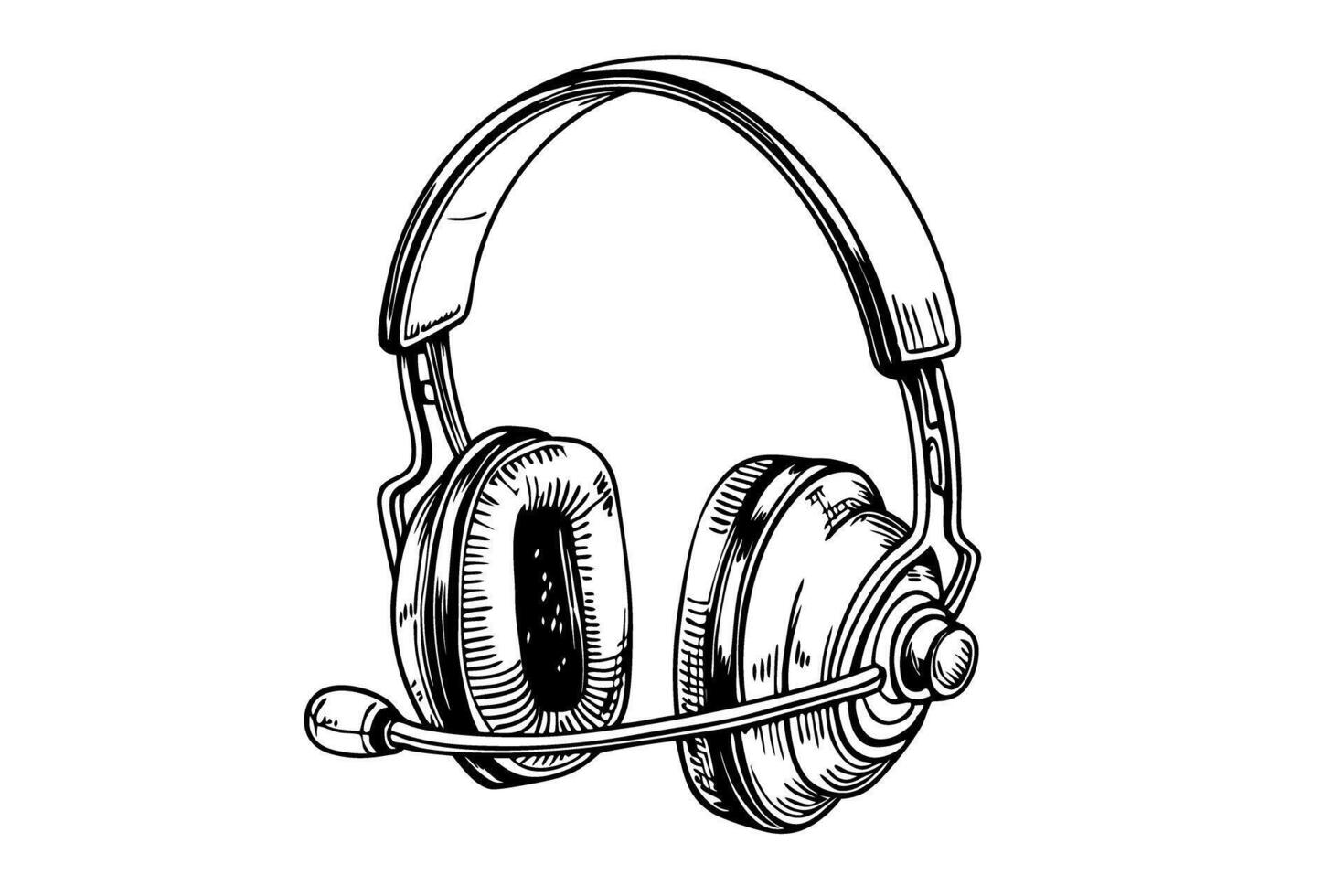 Monochrome headset illustration with microphone, detailed line art vector