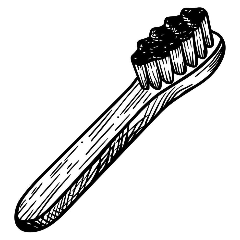 Hand drawn toothbrush illustration detailed sketch with bristles on wooden handle, hygiene concept vector