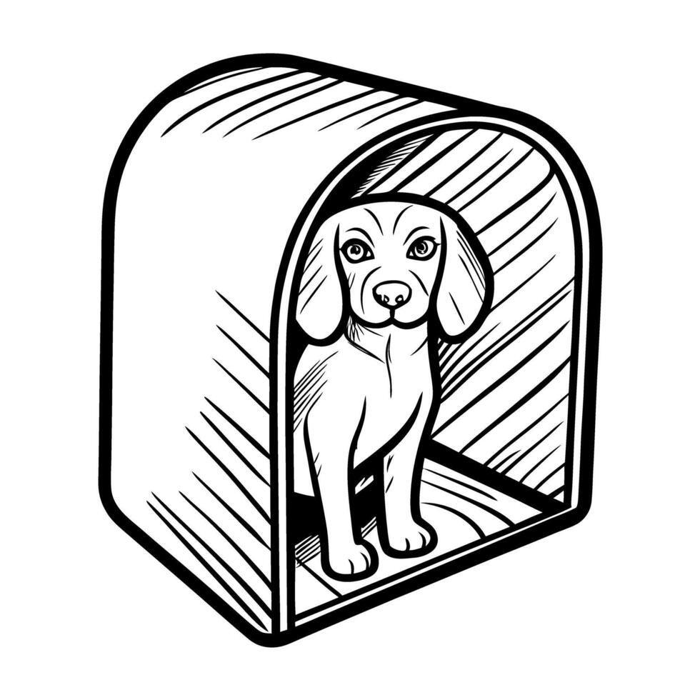 Cute puppy in doghouse line art illustration adorable canine shelter design vector