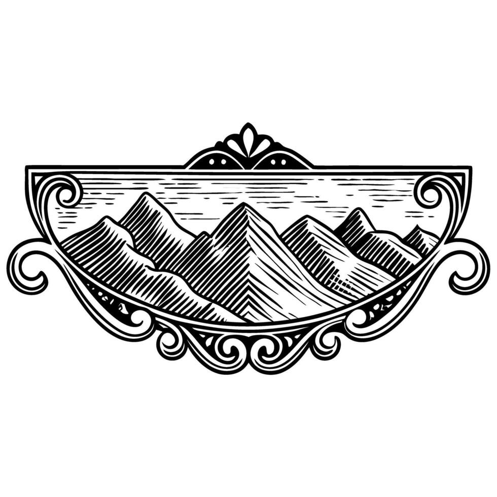 Ornate mountain illustration in vintage intricate nature design with curved patterns vector
