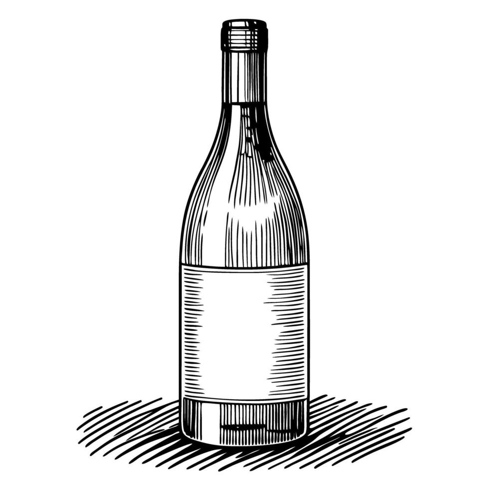 Detailed black and white sketch of a wine bottle with blank label, classic illustration vector