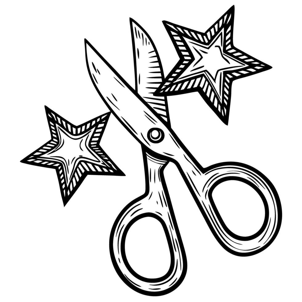 scissors and stars black and white drawing, creative art tools, craft design elements vector
