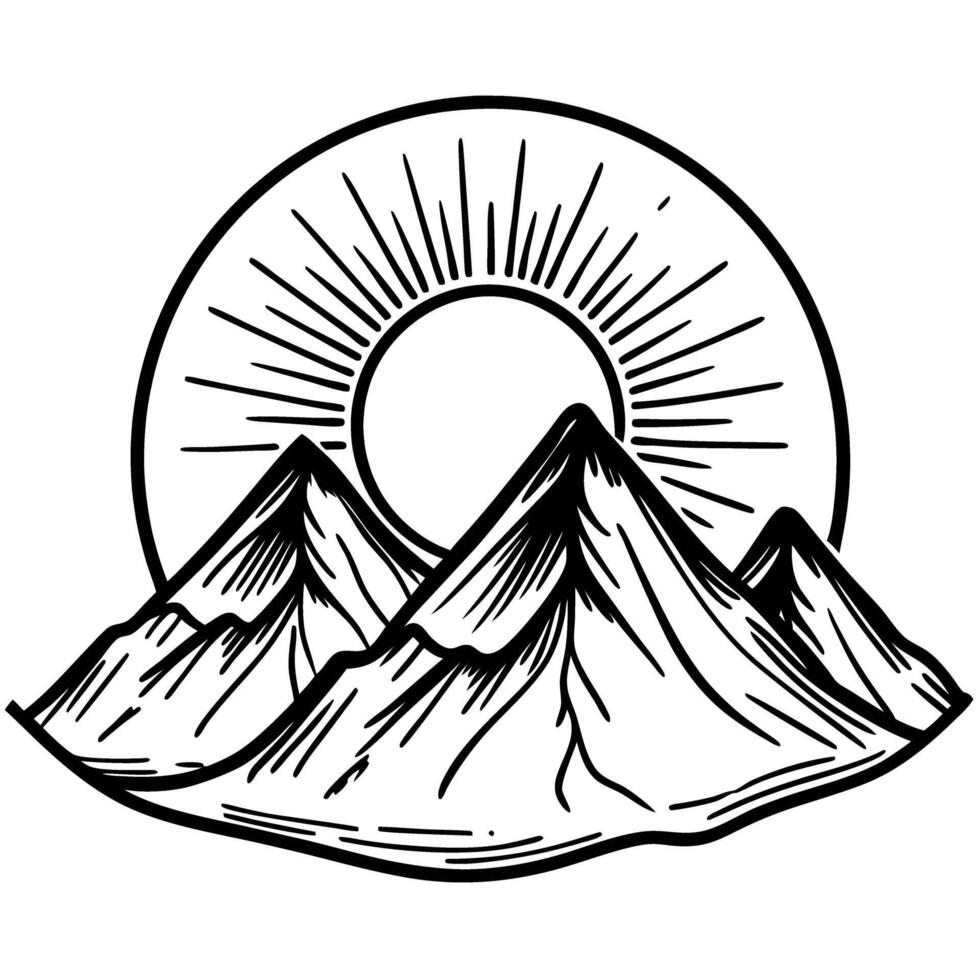 Stylized mountain range with sun illustration minimalist black and white line art design vector