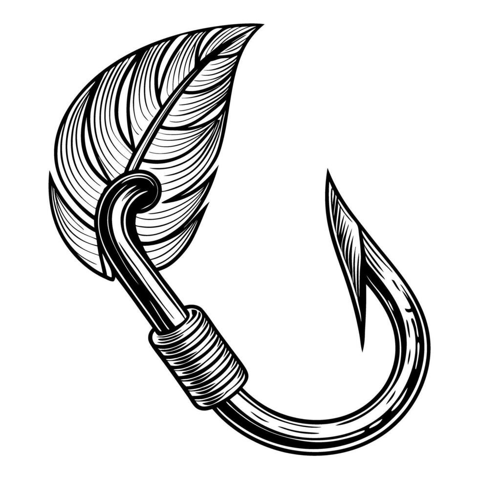 Intricate fish hook with leaf detail, black and white illustration vector