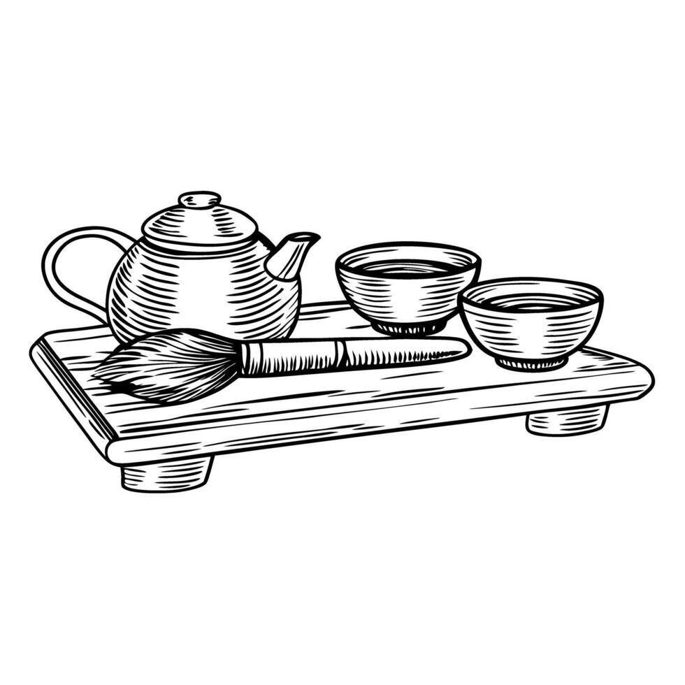 traditional tea set on wooden tray with teapot, cups, and brush for cultural ceremony illustration vector