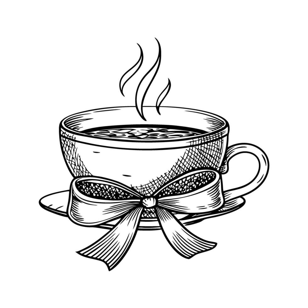 elegant coffee cup illustration with ribbon decoration on saucer, black and white ink vector