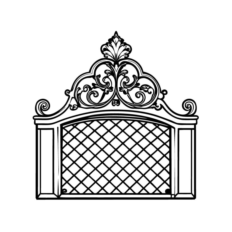 Ornate wrought iron gate design with intricate floral pattern and elegant arch detail vector