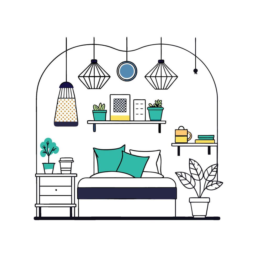 Charming Bedroom with Hanging Wall Baskets vector