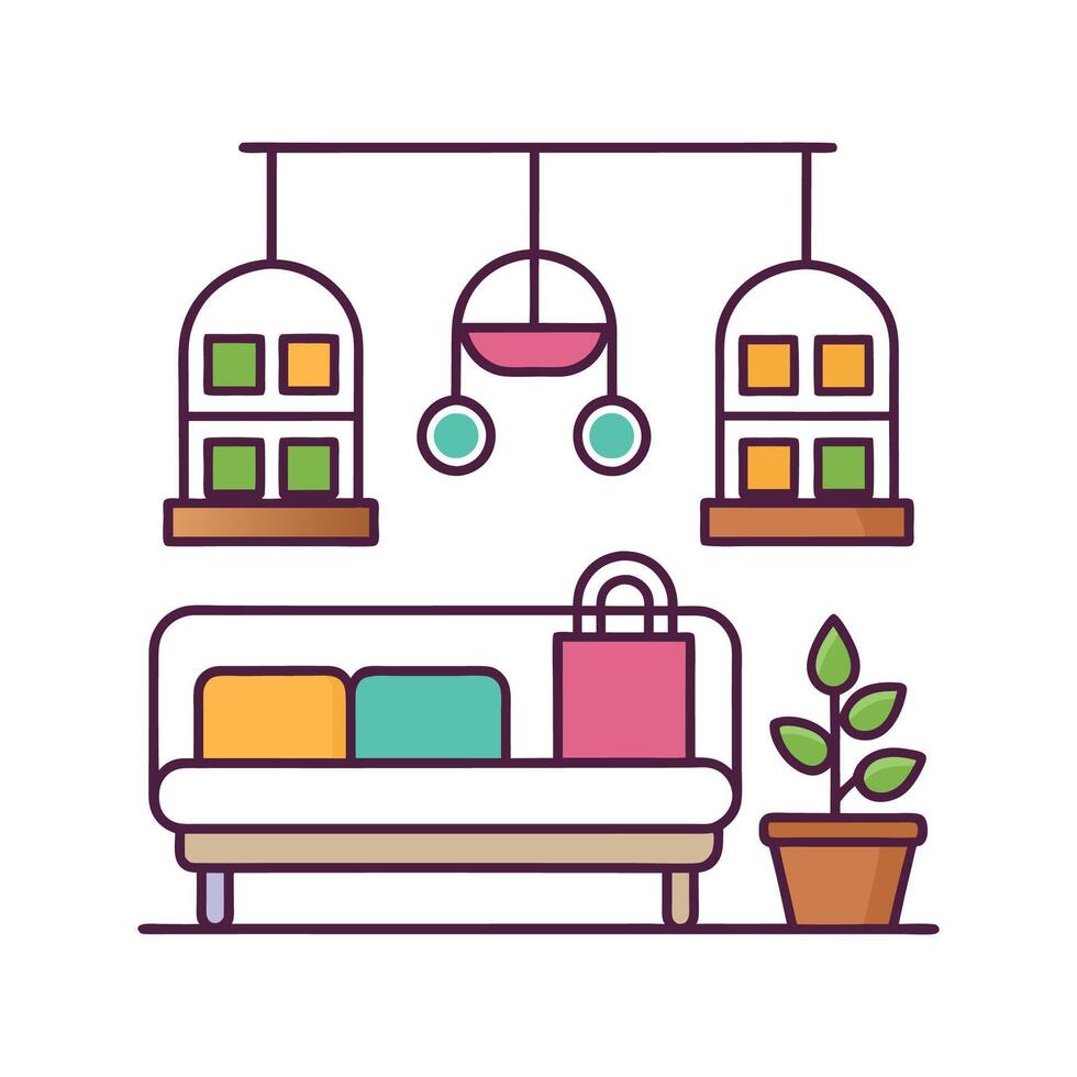 Modern Bedroom Featuring Creative Hanging Wall Baskets vector