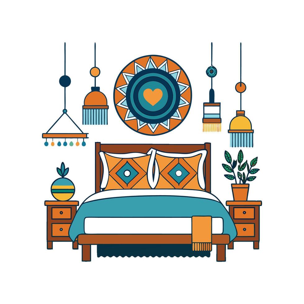 Elegant Bedroom Featuring Boho Wall Hangings vector
