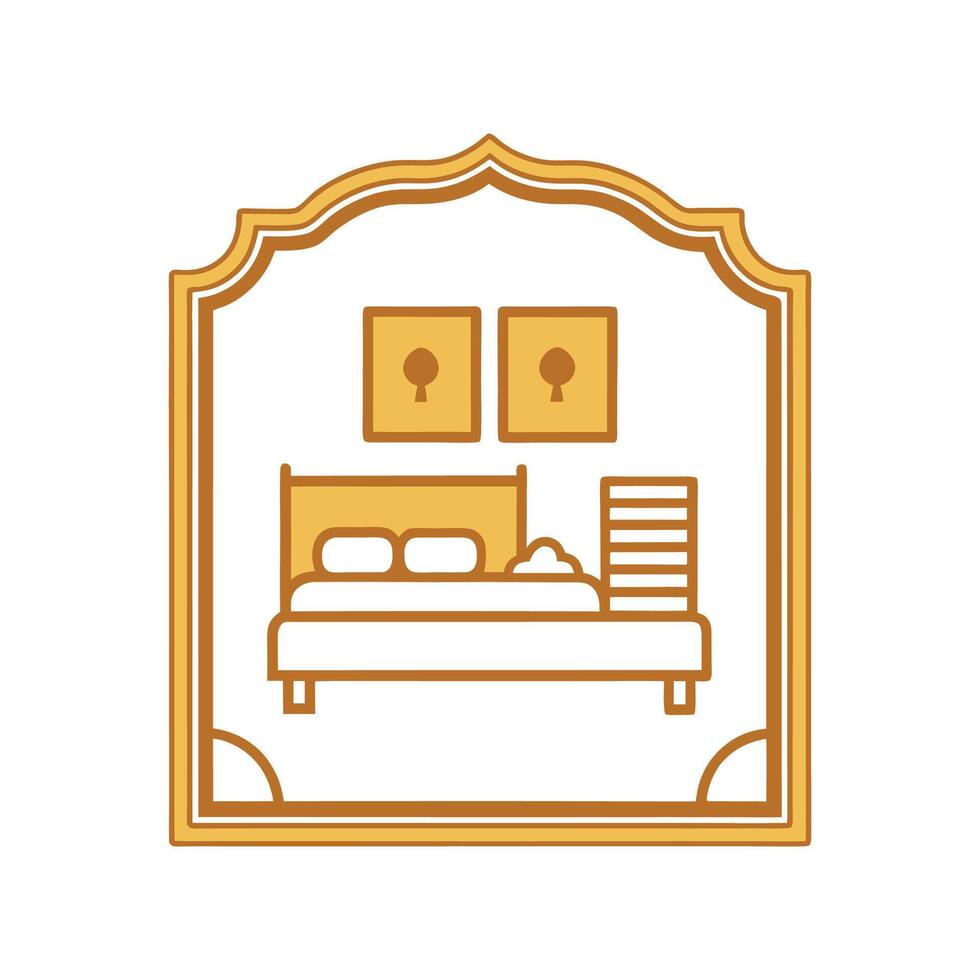 Modern Bedroom with Elegant Gold Framed Art vector