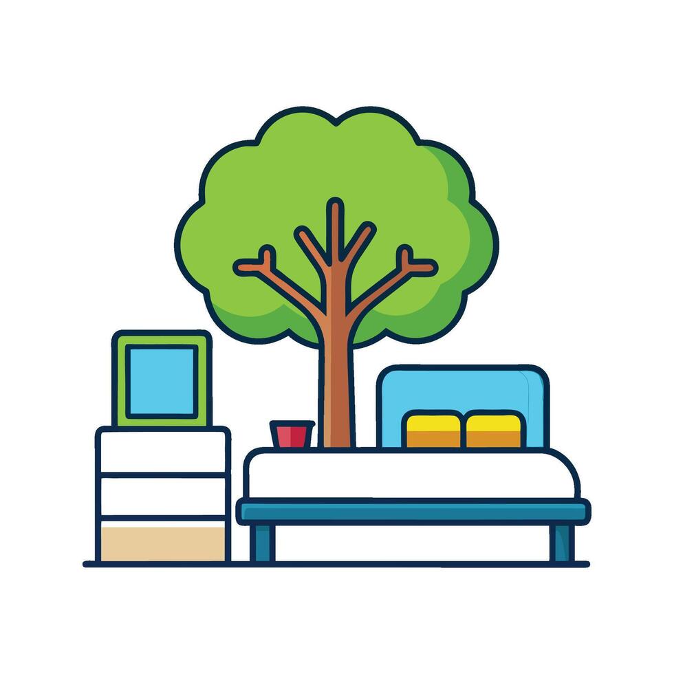 Vibrant Bedroom Highlighted by Indoor Tree Accent vector