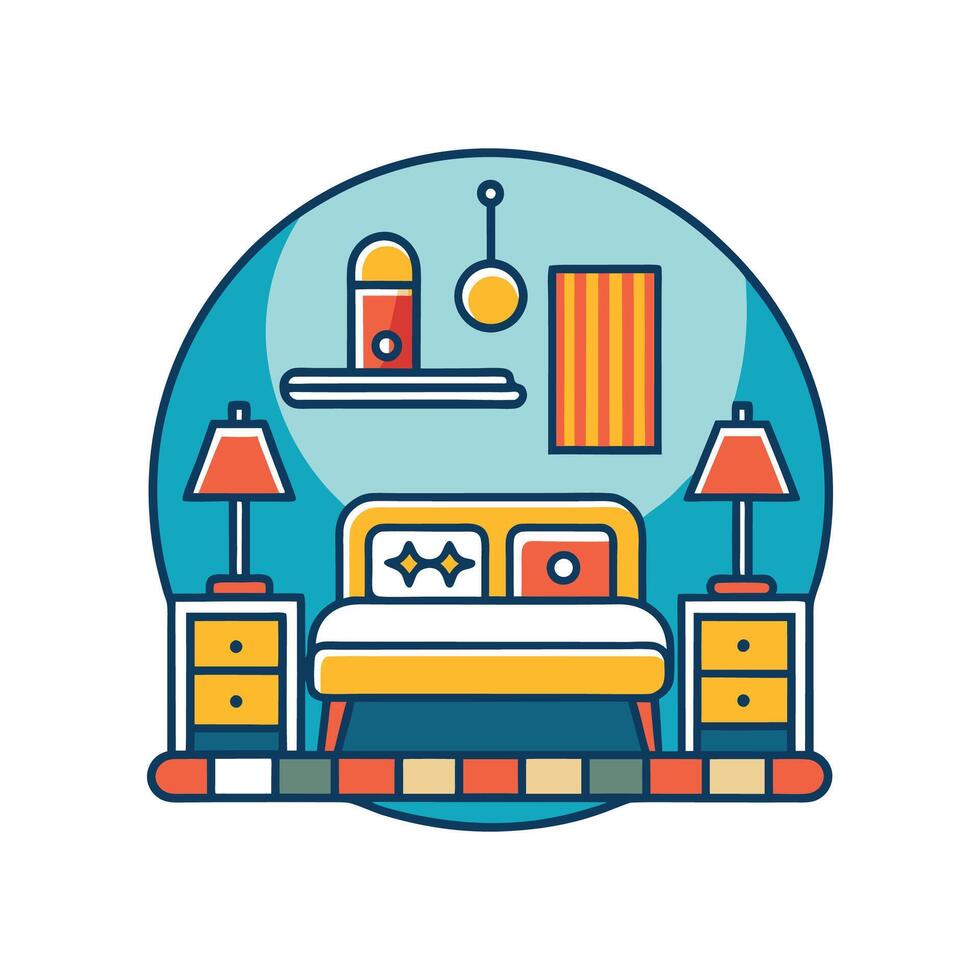 Modern Bedroom Featuring Retro Inspired Aesthetics vector