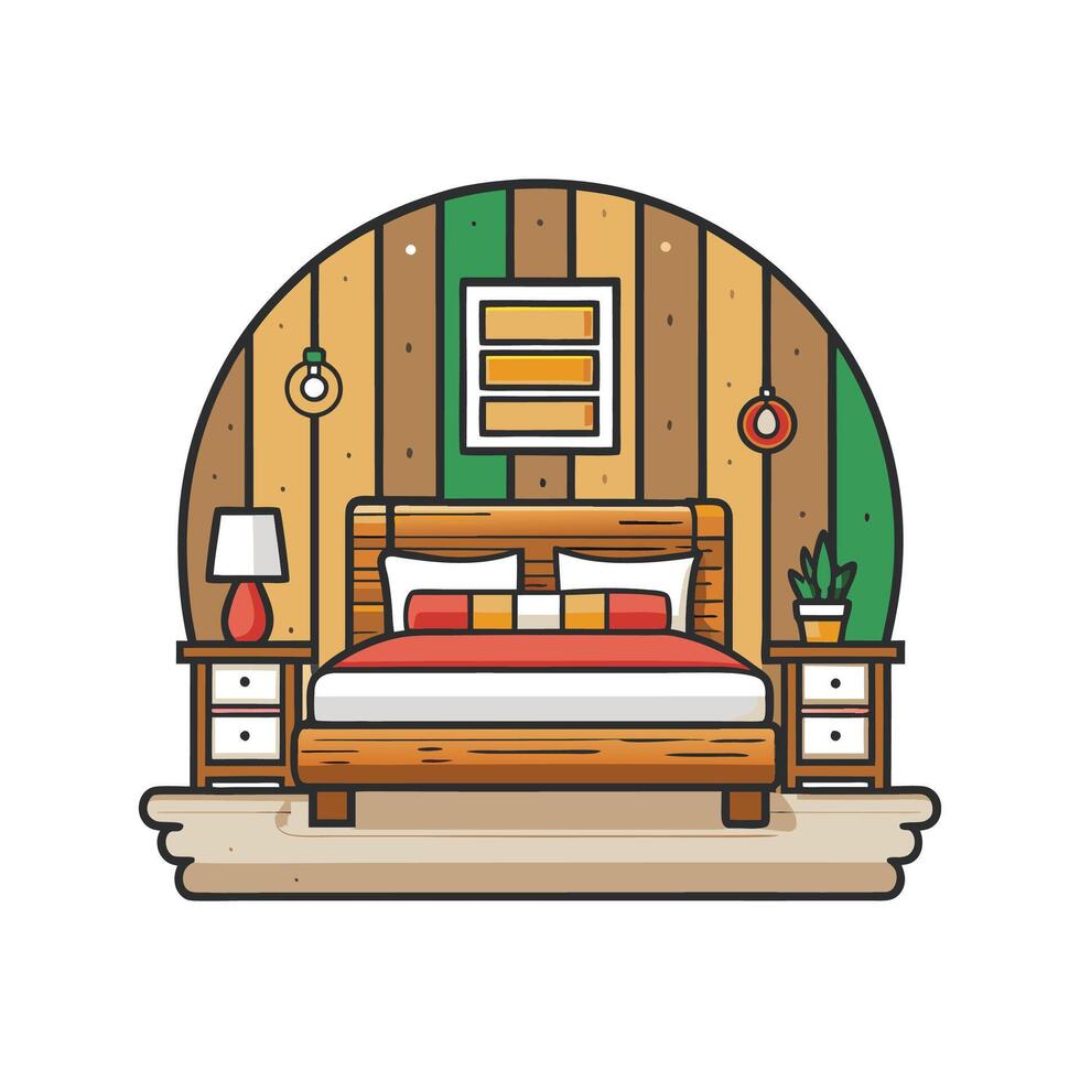 Chic Bedroom with Rustic Reclaimed Wood Wall vector