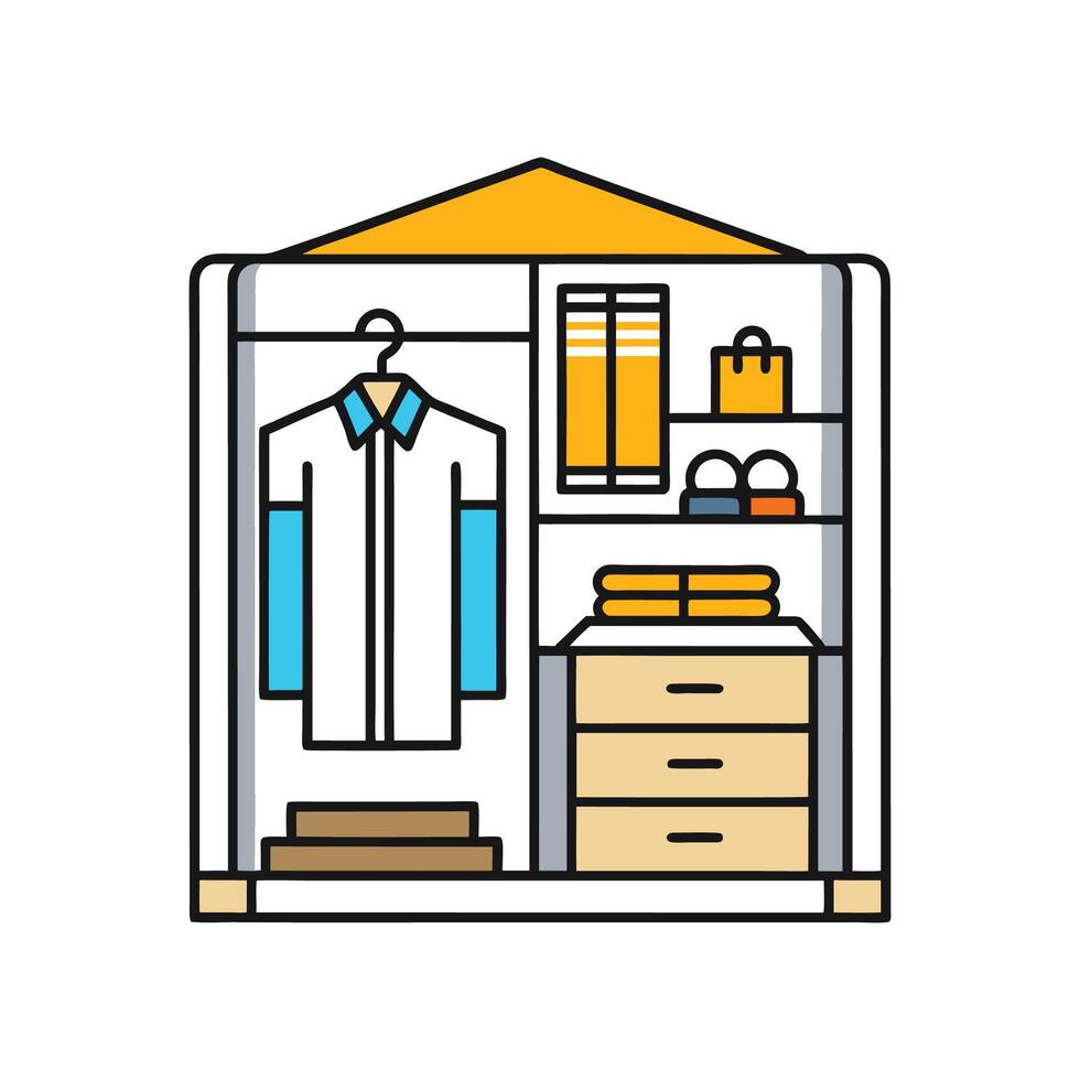 Stylish Bedroom with Sophisticated Open Wardrobe vector