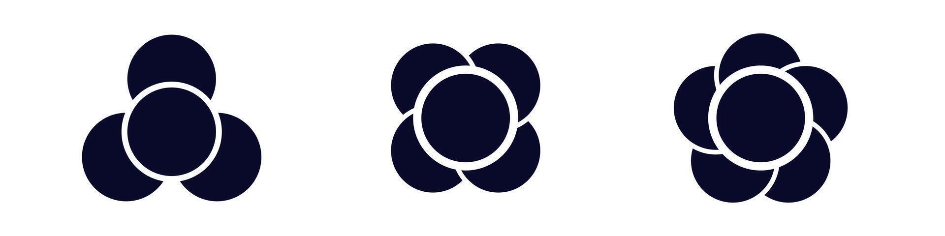 Three black circular flower designs with varied petal arrangements in elegant simple shapes vector