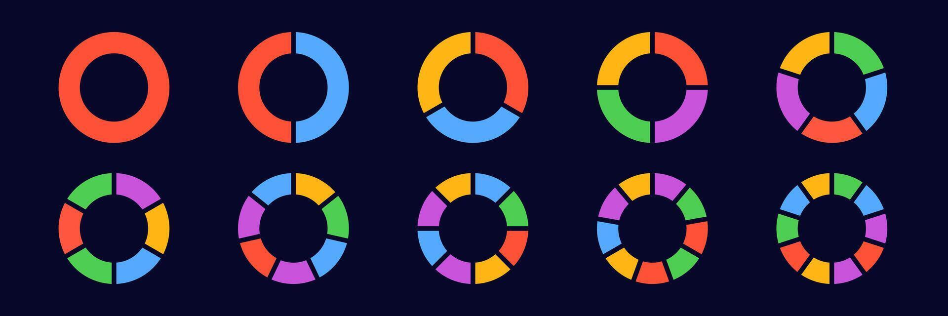 Colorful pie charts with various segments for data visualization and statistical analysis vector