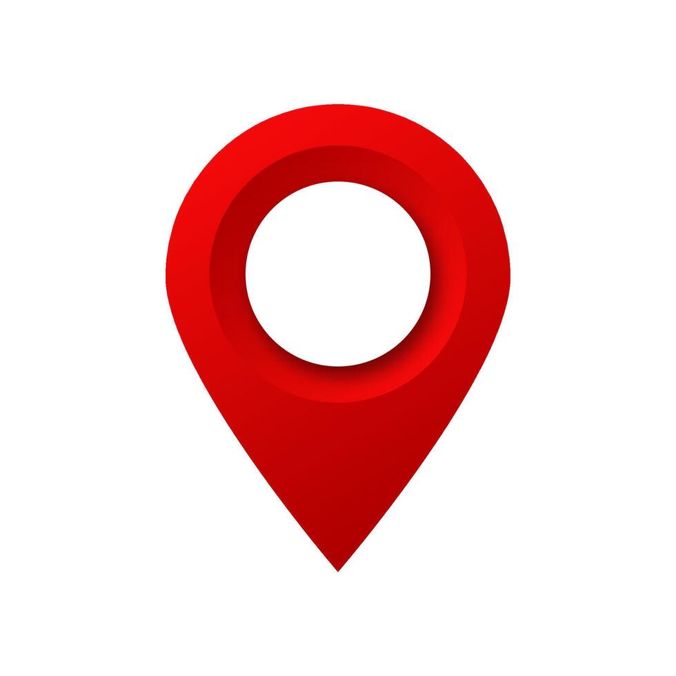 Bright red location pin marker with circular centered cutout for mapping and navigation vector