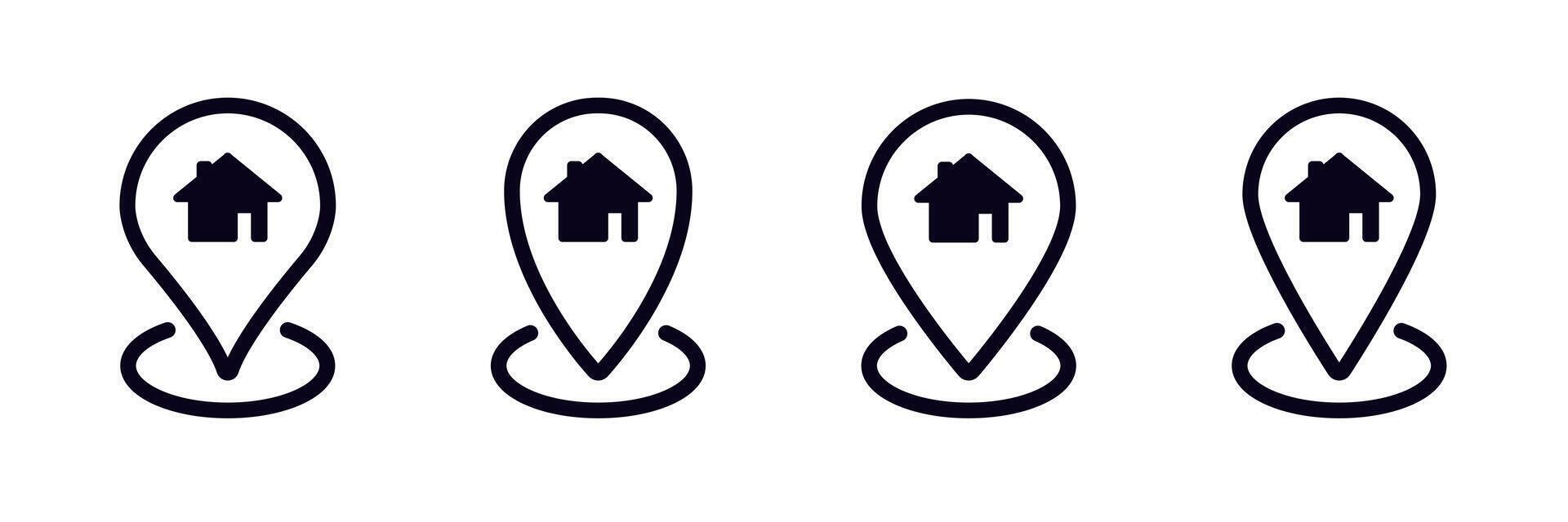 Four house-shaped location icons in simple black design with circular bases vector