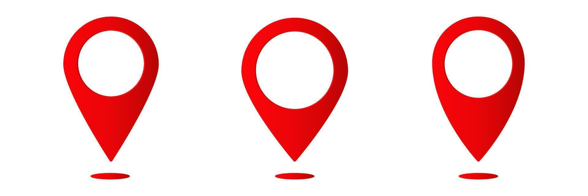 Three red location pins in a simple flat design symbolizing navigation and gps positioning vector