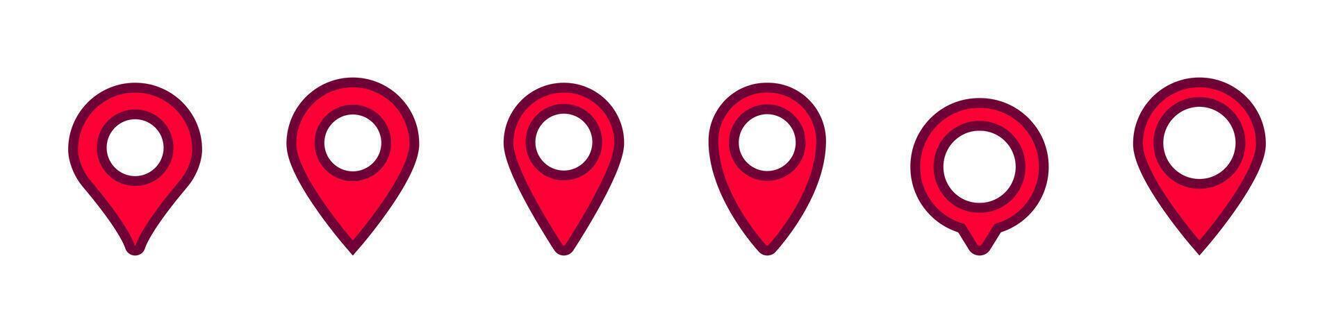 Set of red location pins in various designs for map navigation and positioning vector