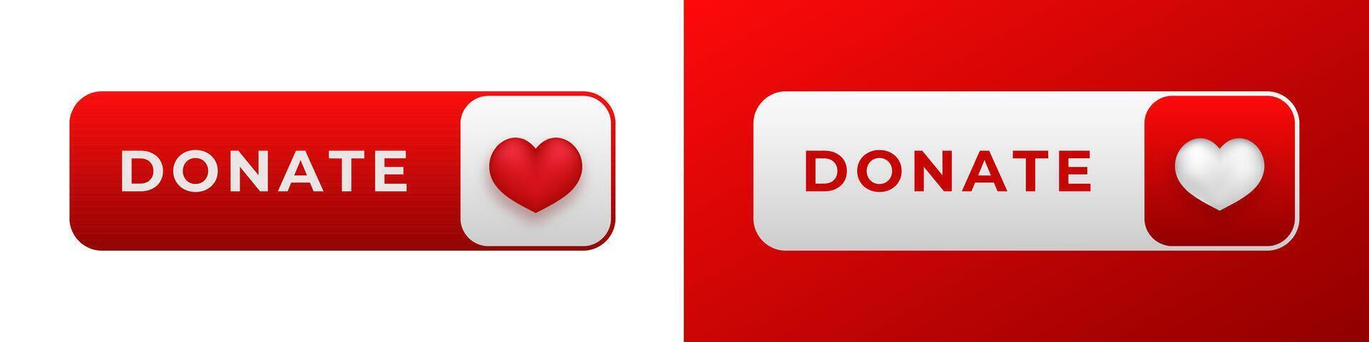 Donate button with heart icon in two red and white design variations for charity websites vector