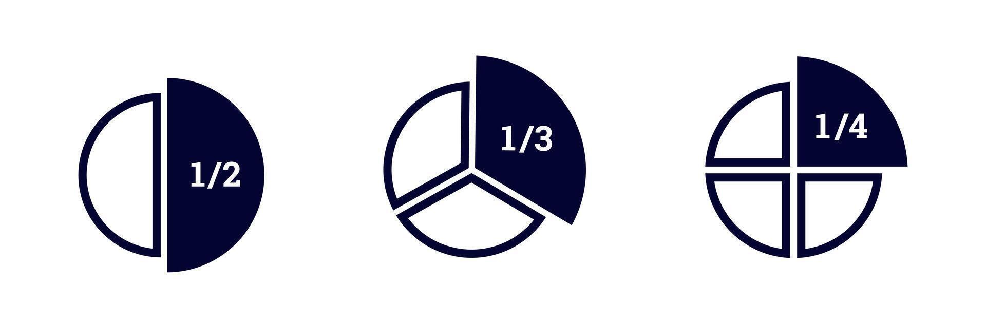 Three simple pie charts displaying half, one third, and one quarter fractions vector